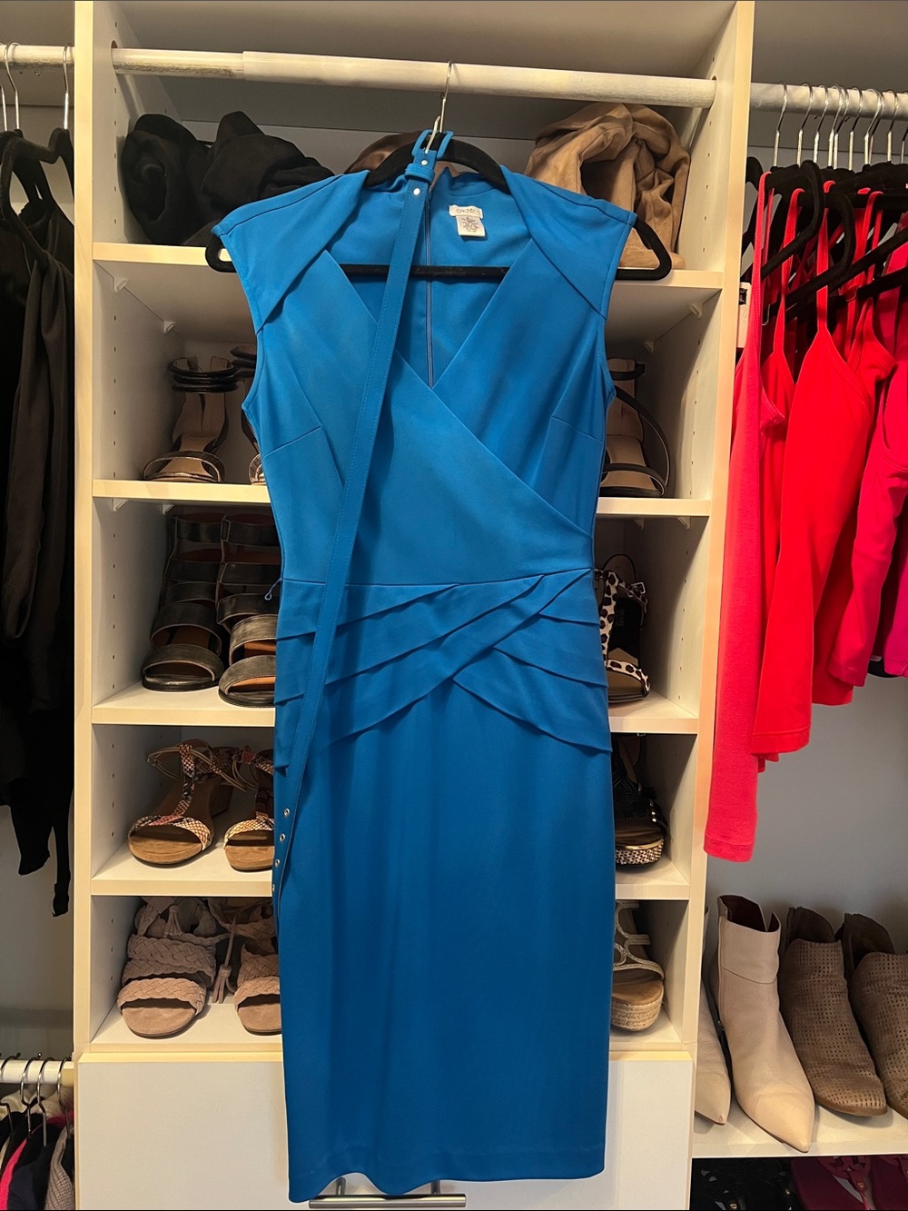 Cache Bright Blue Sleeveless Midi Sheath Dress with Draped Waist